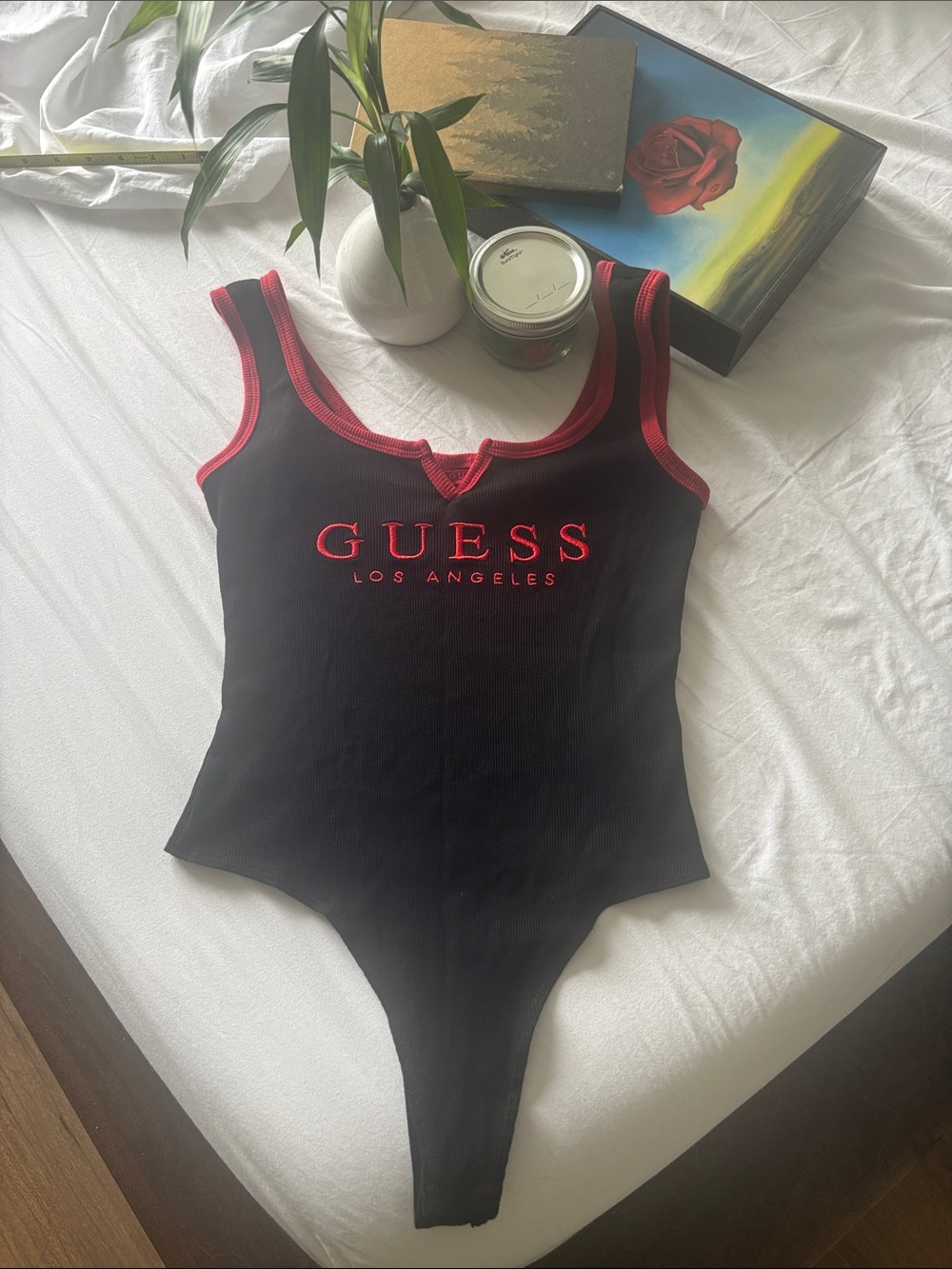 GUESS Black One-Piece with Red Trim and Logo. NWOT size M ❤️🐈‍⬛